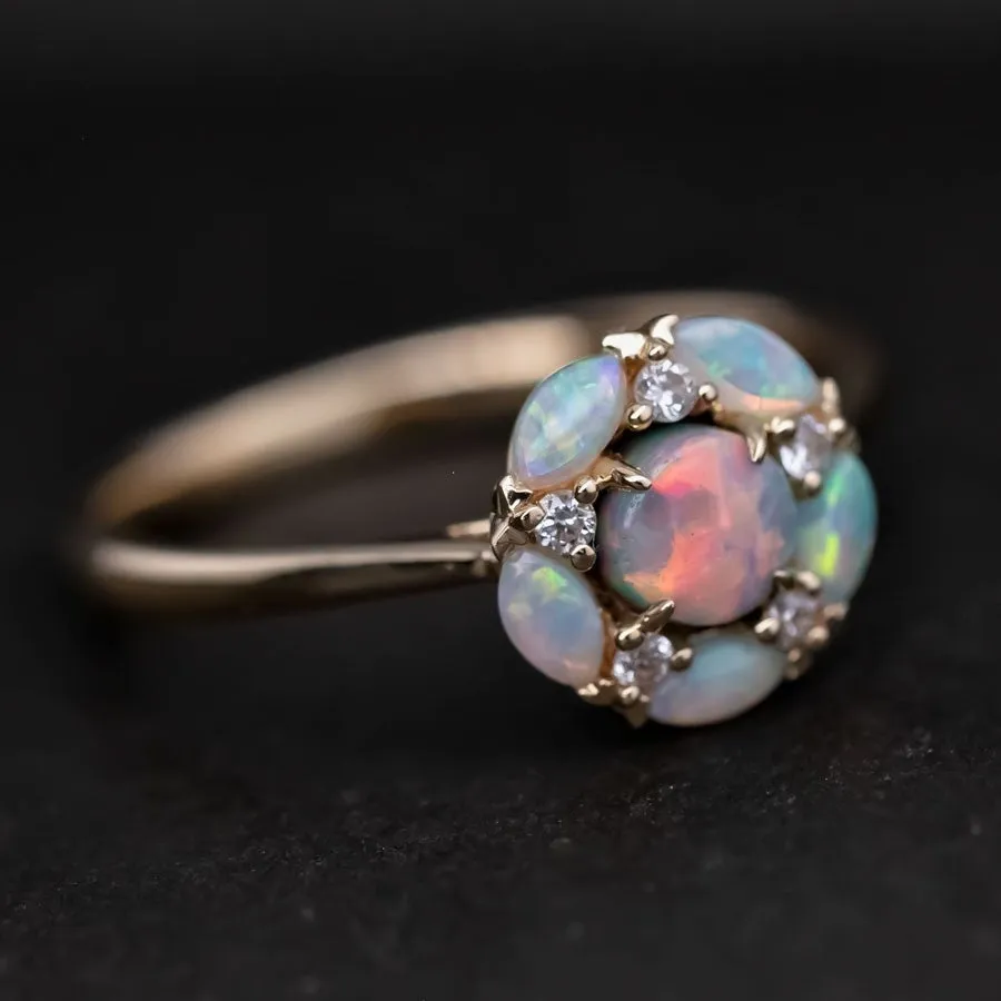 Plum Blossom Black Opal Diamond Engagement Ring 18K Yellow Gold