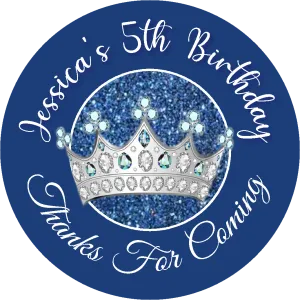 Princess Crown Tiara Navy Blue and Silver Birthday Party Favors Personalized Round Stickers Supplies Labels ideas