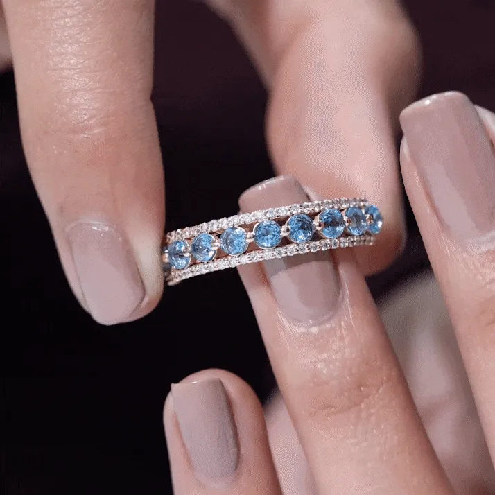 Round Shape Swiss Blue Topaz and Diamond Classic Band
