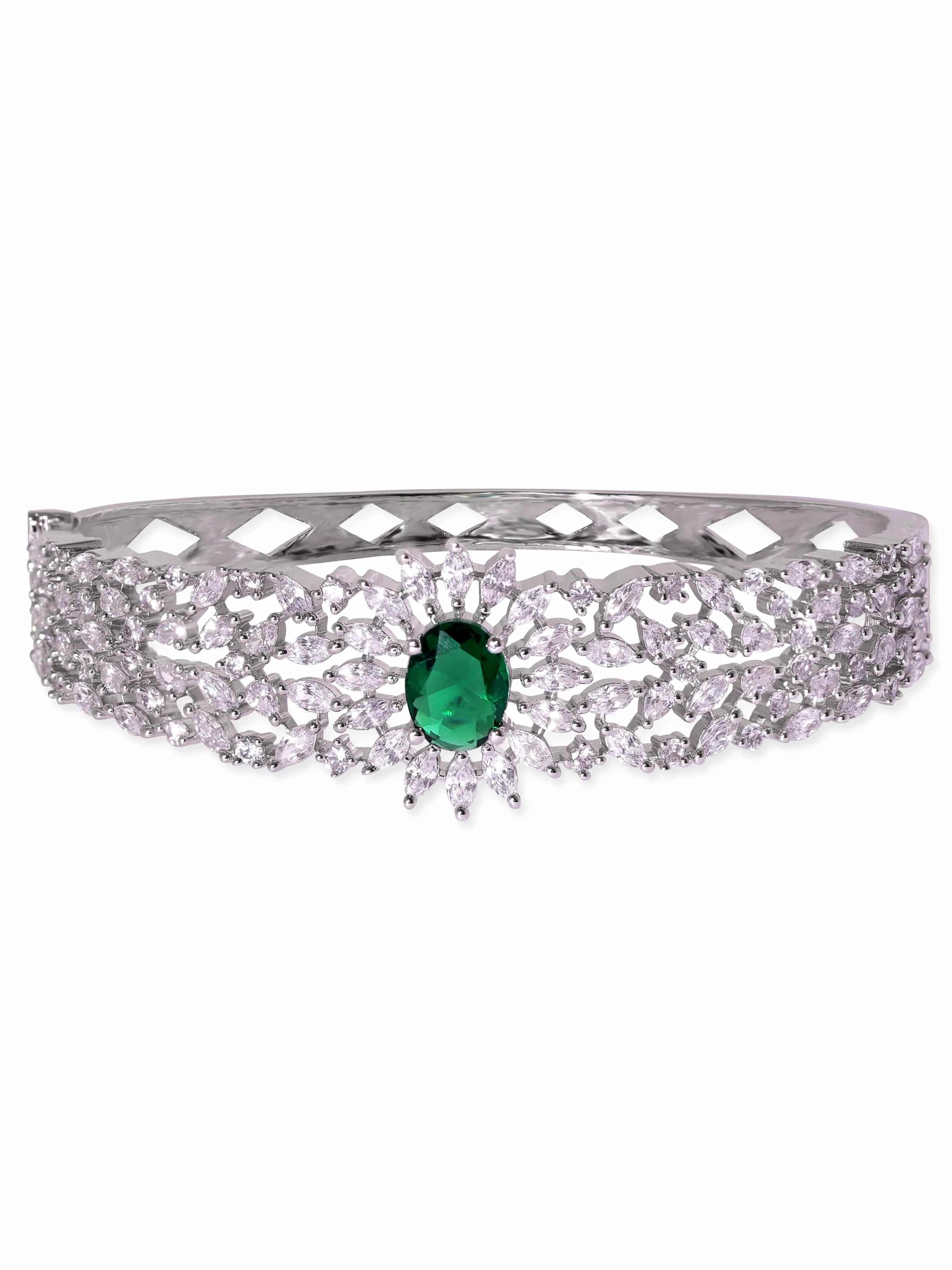 Rubans Rhodium Plated Zirconia and Emerald Studded Bracelet