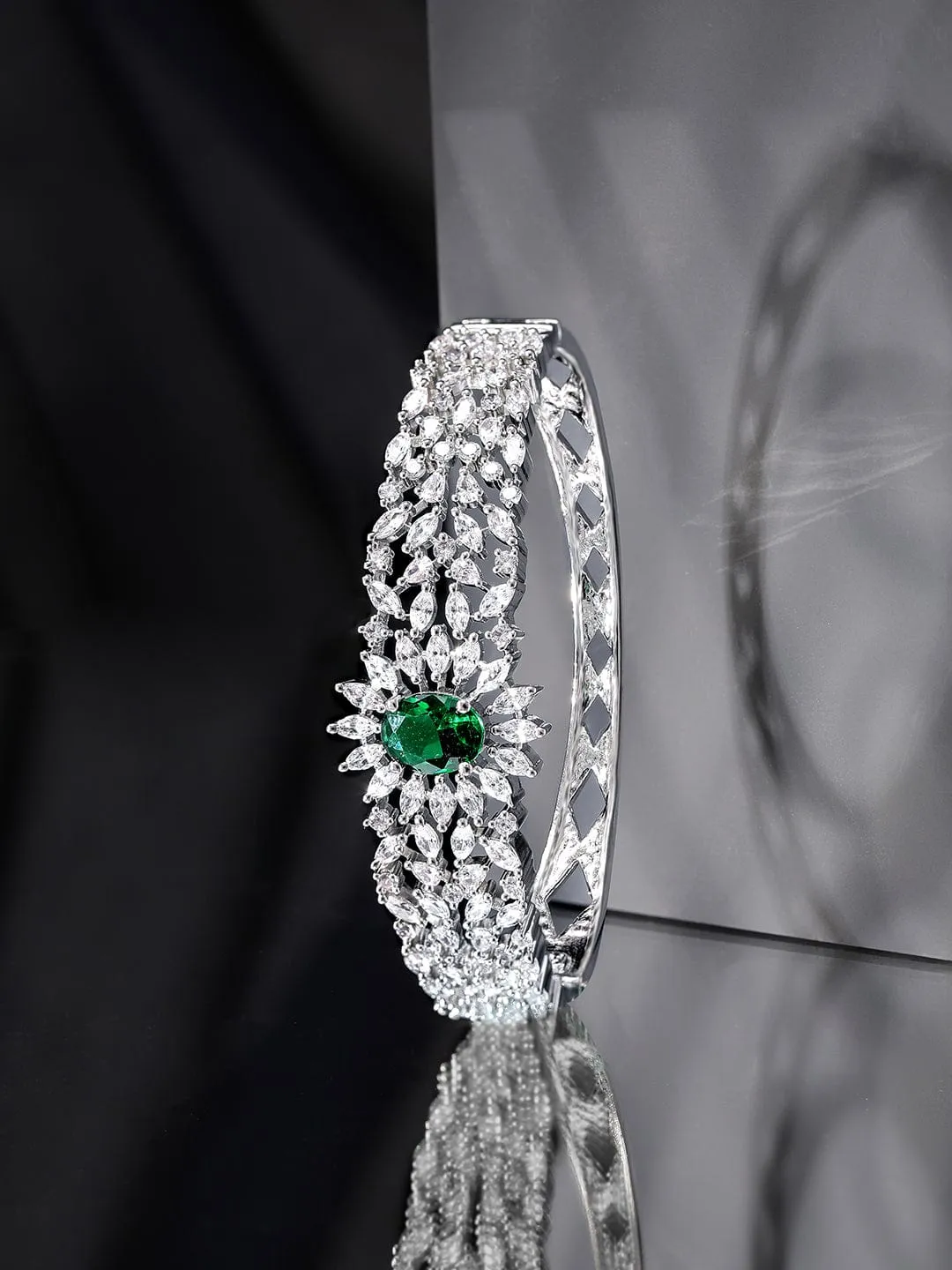 Rubans Rhodium Plated Zirconia and Emerald Studded Bracelet