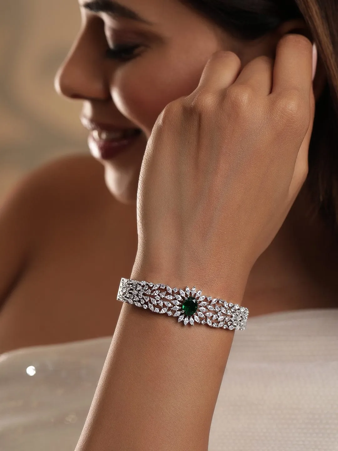 Rubans Rhodium Plated Zirconia and Emerald Studded Bracelet