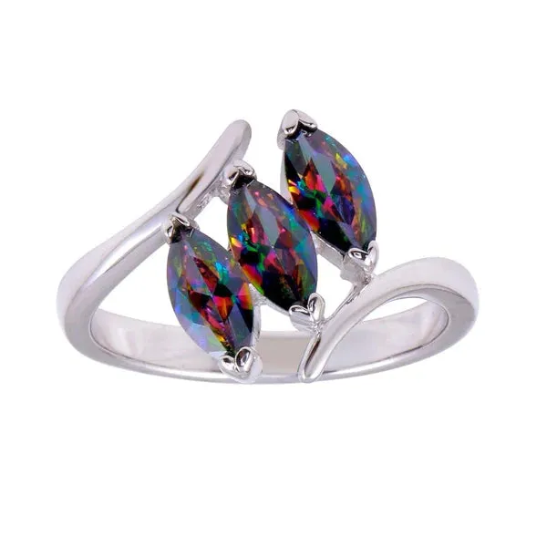 Silver 925 Rhodium Plated 3 Oval Mystic Topaz CZ Ring