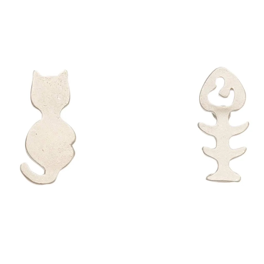 Silver Kitty & Fishbone Stud Earrings