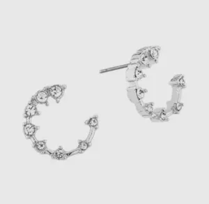 Silver with Rhinestone Half Circle Stud Earrings