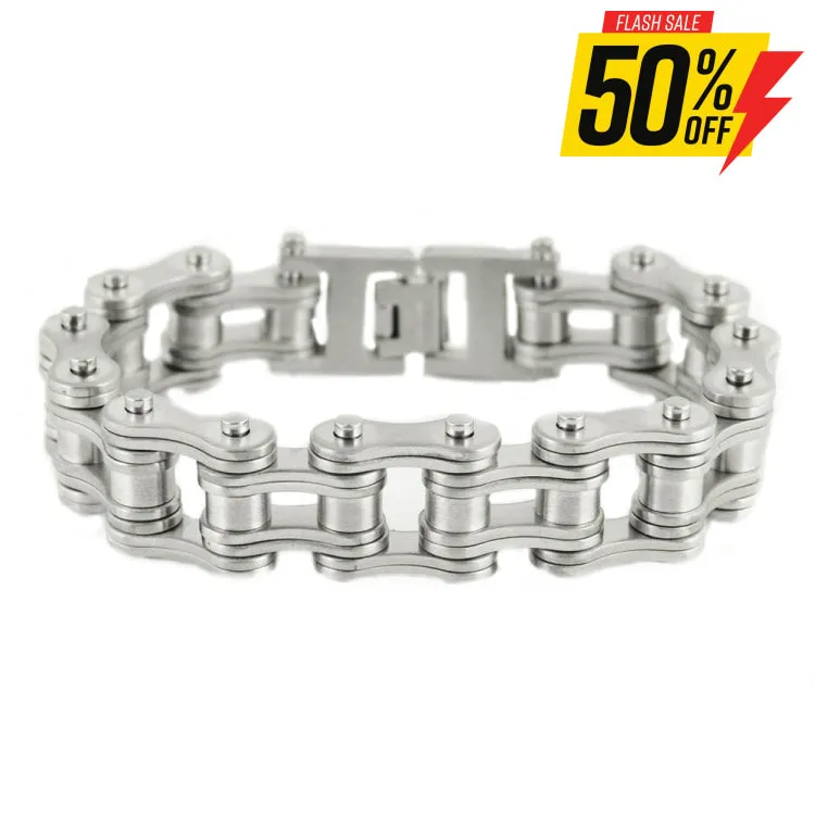 SK1832 All New BRUSHED Double Link 3/4" Wide Design Unisex Stainless Steel Motorcycle Chain Bracelet