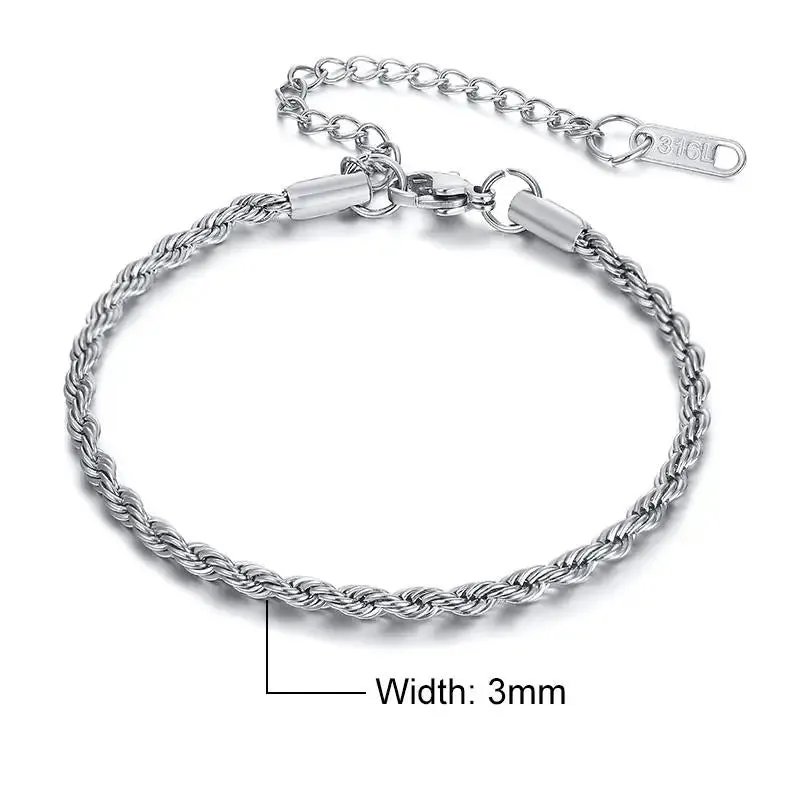 Stainless Steel Bracelet For Men Women Braided 16cm Rope Chain with 5cm Extender Adjustable Jewelry Gold Color Silver Color