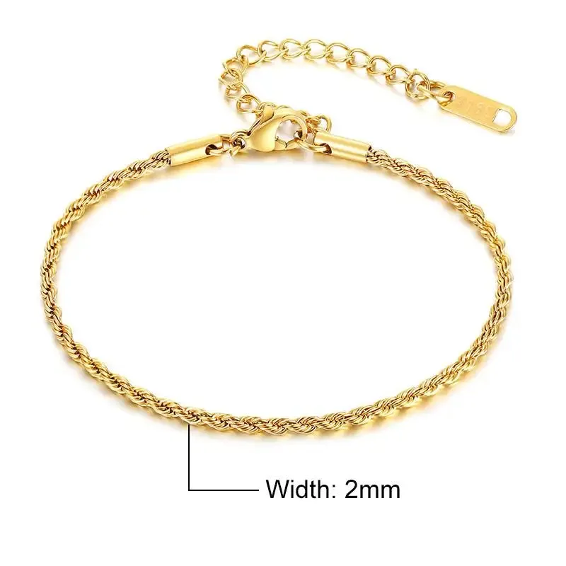 Stainless Steel Bracelet For Men Women Braided 16cm Rope Chain with 5cm Extender Adjustable Jewelry Gold Color Silver Color