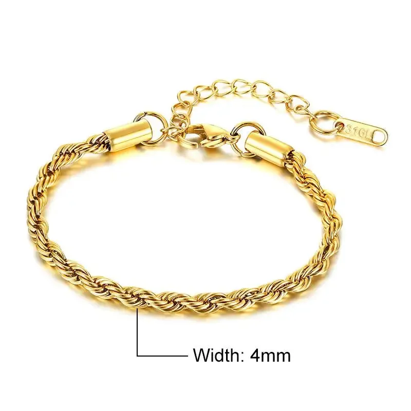 Stainless Steel Bracelet For Men Women Braided 16cm Rope Chain with 5cm Extender Adjustable Jewelry Gold Color Silver Color