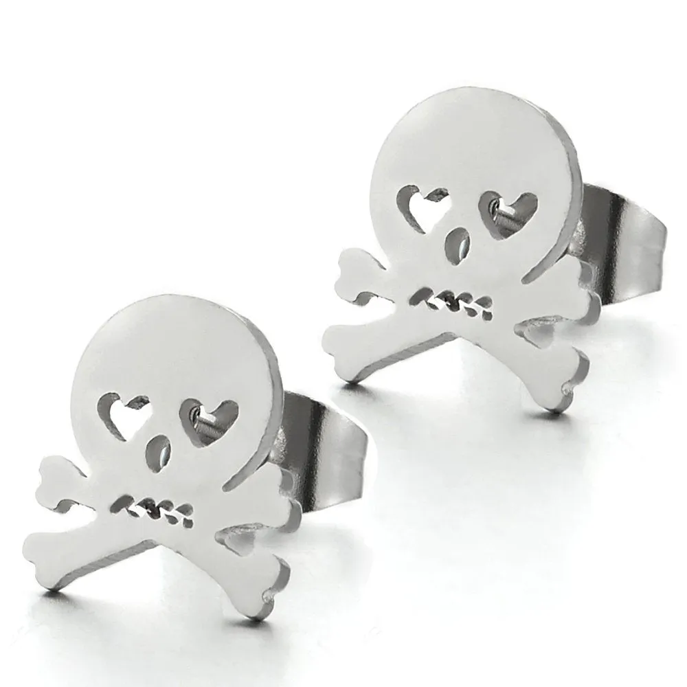 Stainless Steel Pirate Skull Stud Earrings for Men, Gothic Punk Rock, 2 pcs