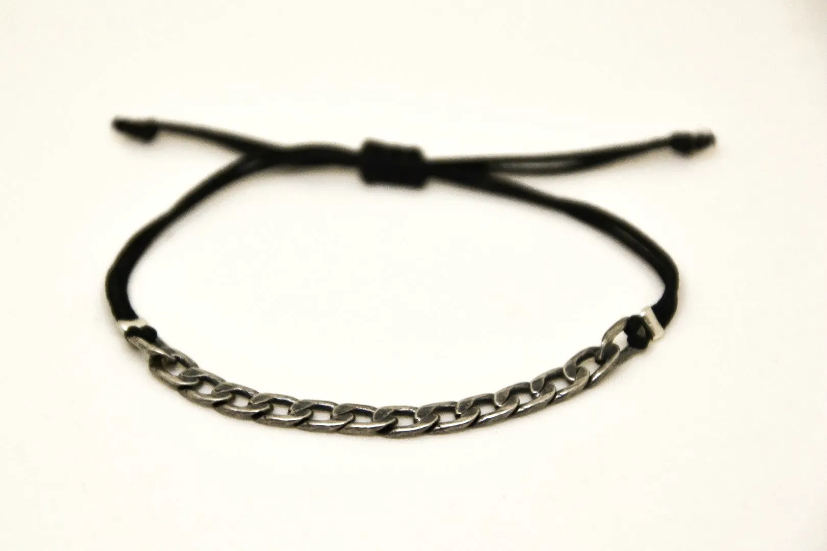 String bracelet with silver flat chain, adjustable black string, custom gift for her