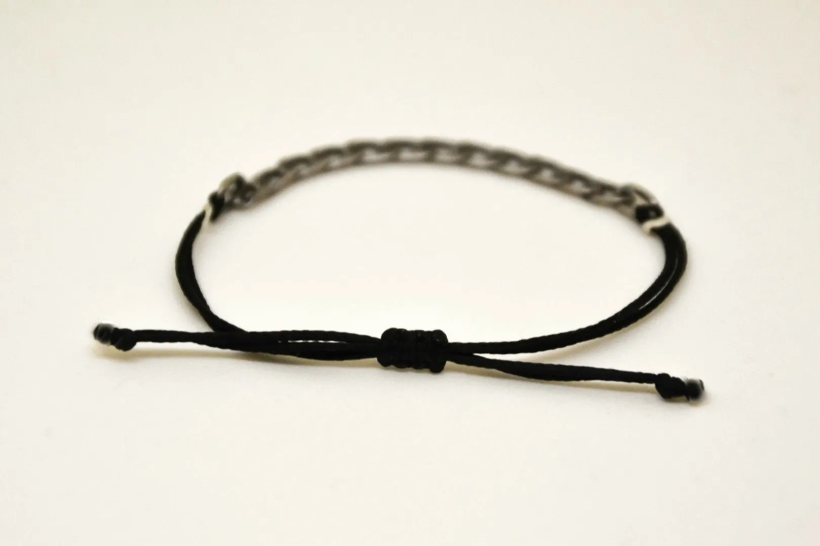 String bracelet with silver flat chain, adjustable black string, custom gift for her