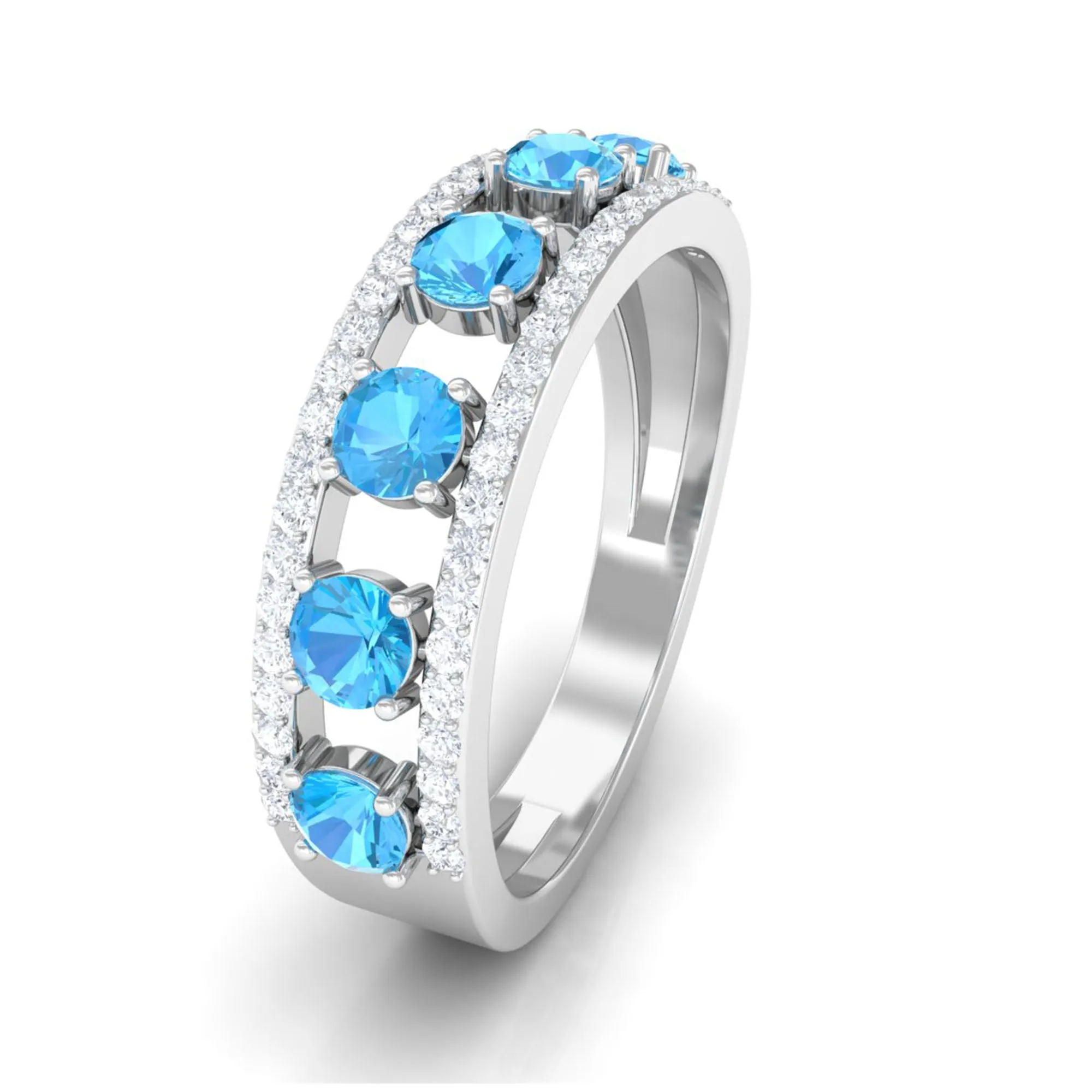 Swiss Blue Topaz Anniversary Ring with Diamond Stones