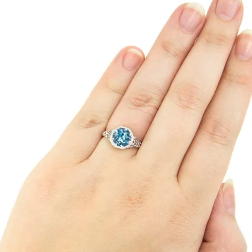 SWISS BLUE TOPAZ STERLING SILVER VINTAGE STYLE SOLITAIRE RING ART DECO FILIGREE