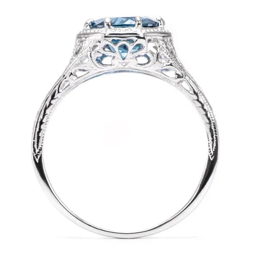 SWISS BLUE TOPAZ STERLING SILVER VINTAGE STYLE SOLITAIRE RING ART DECO FILIGREE