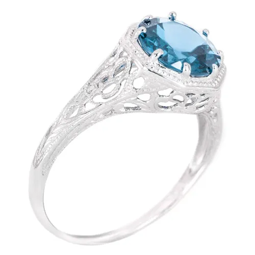 SWISS BLUE TOPAZ STERLING SILVER VINTAGE STYLE SOLITAIRE RING ART DECO FILIGREE