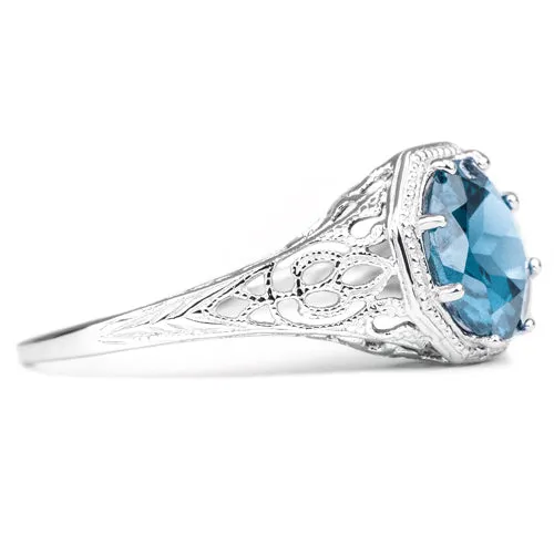 SWISS BLUE TOPAZ STERLING SILVER VINTAGE STYLE SOLITAIRE RING ART DECO FILIGREE