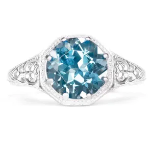 SWISS BLUE TOPAZ STERLING SILVER VINTAGE STYLE SOLITAIRE RING ART DECO FILIGREE