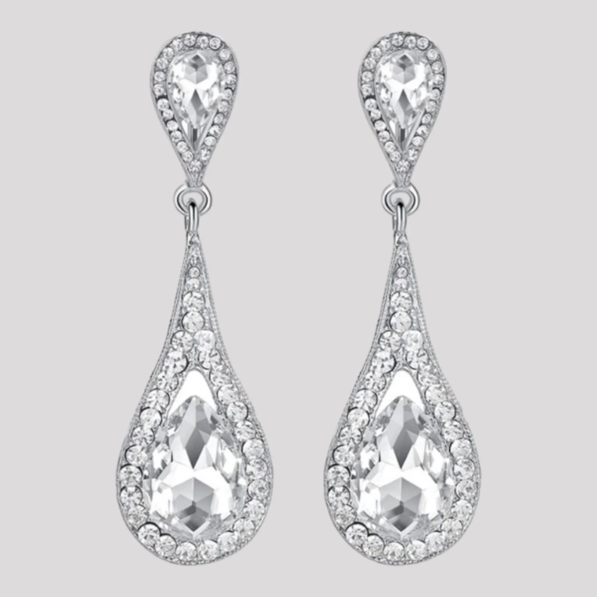 Tear Drop Silver Crystal Stud Earrings