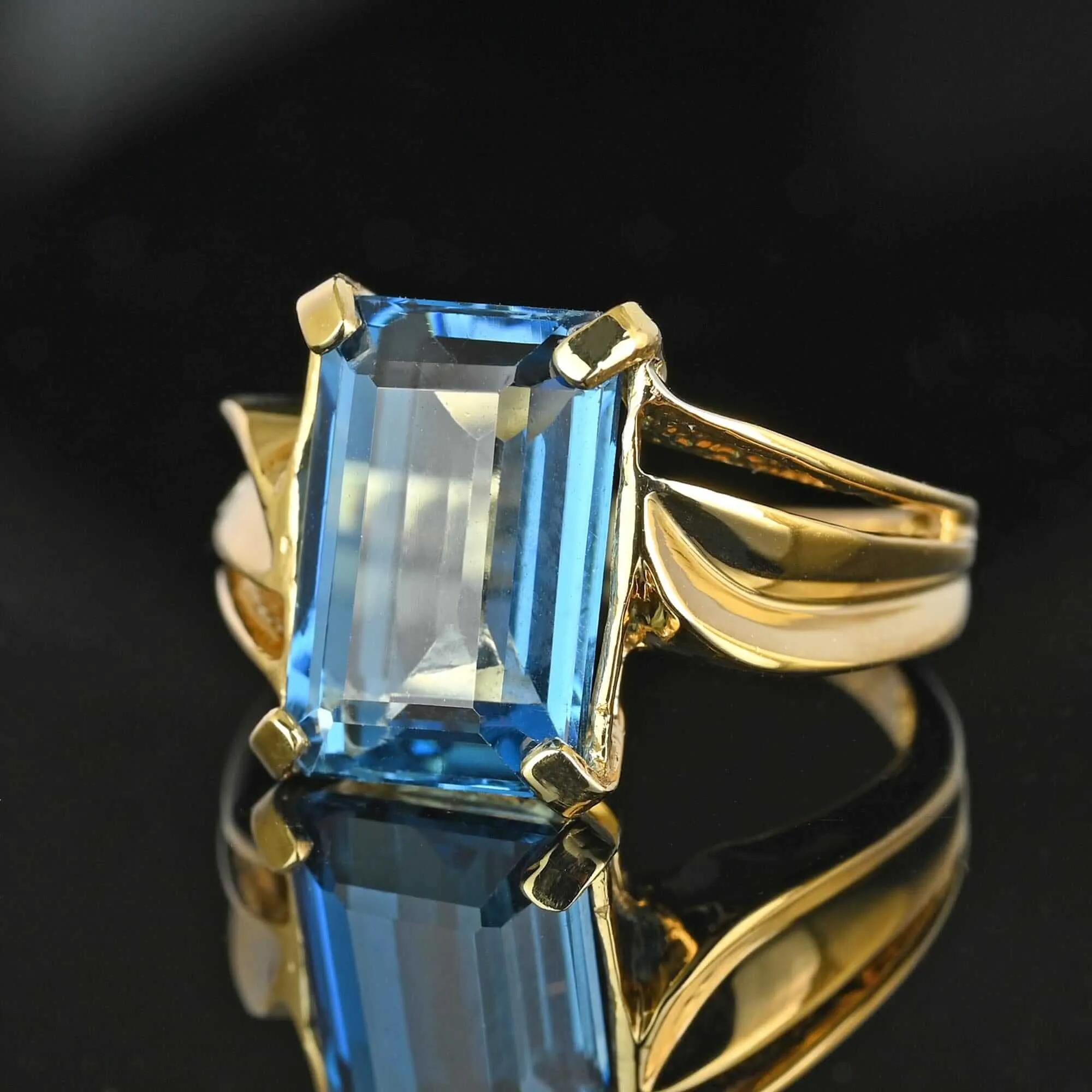 Vintage Wide Gold Bypass London Blue Topaz Ring