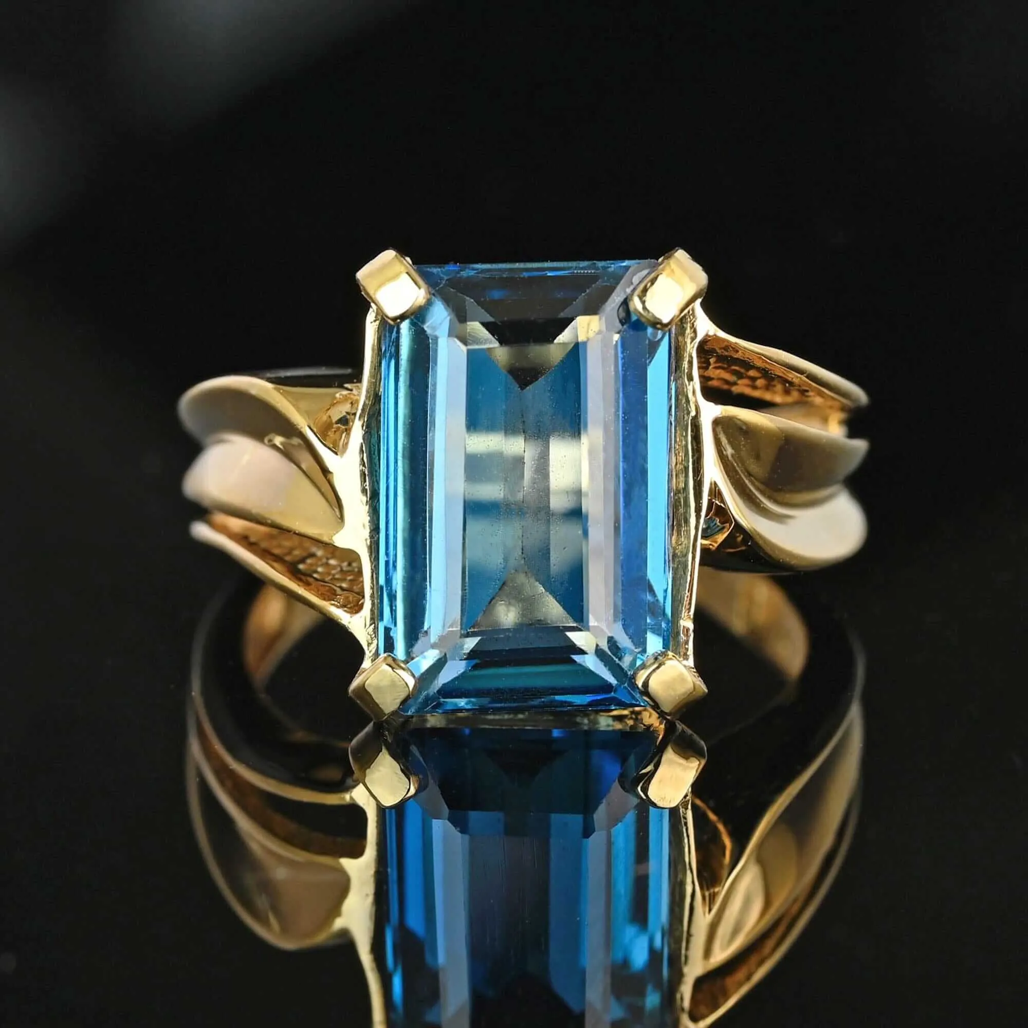 Vintage Wide Gold Bypass London Blue Topaz Ring