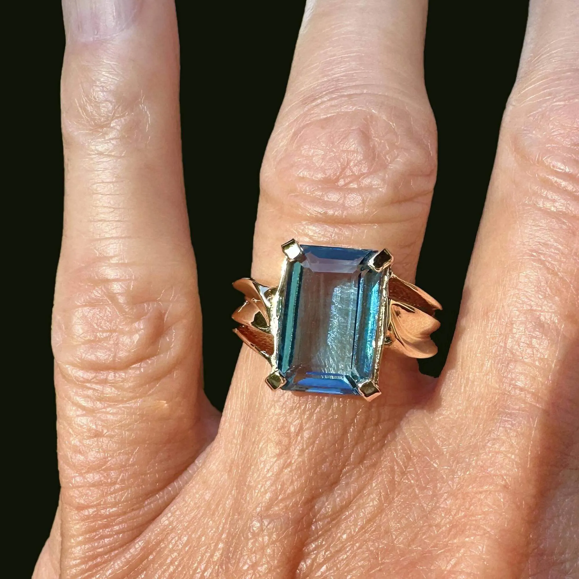 Vintage Wide Gold Bypass London Blue Topaz Ring