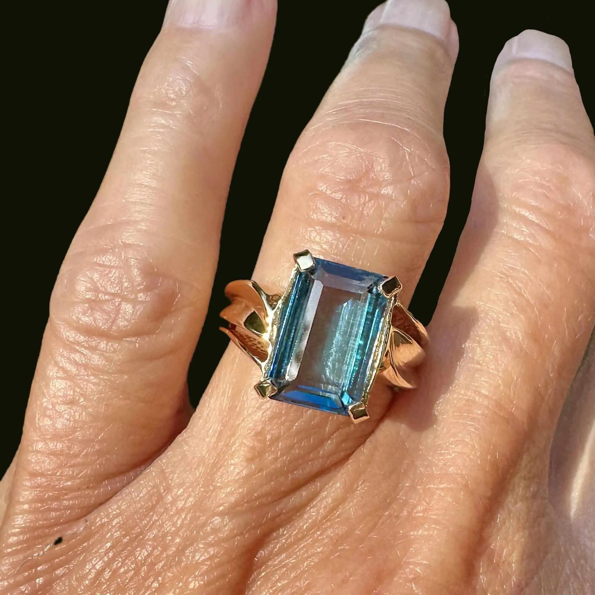 Vintage Wide Gold Bypass London Blue Topaz Ring