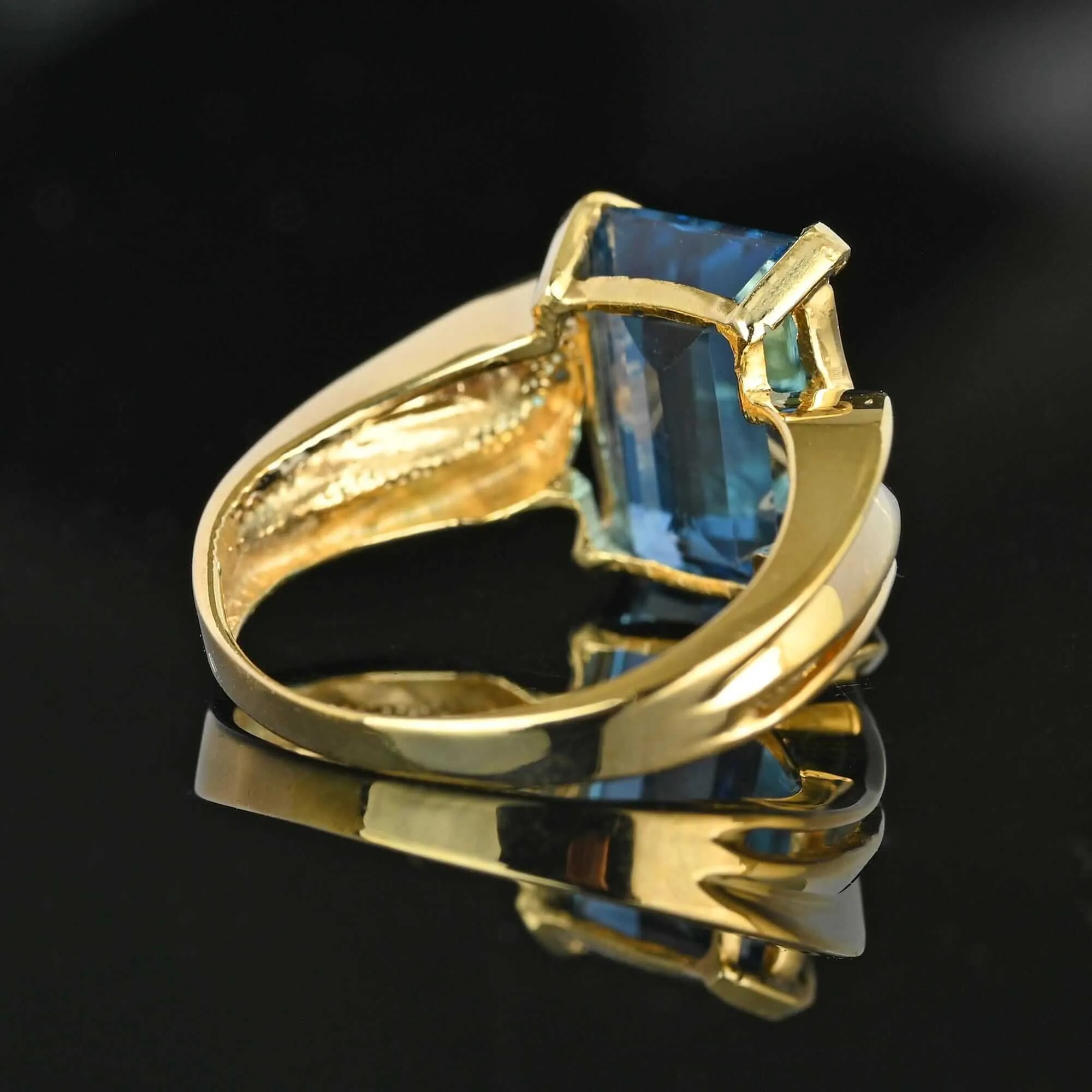 Vintage Wide Gold Bypass London Blue Topaz Ring