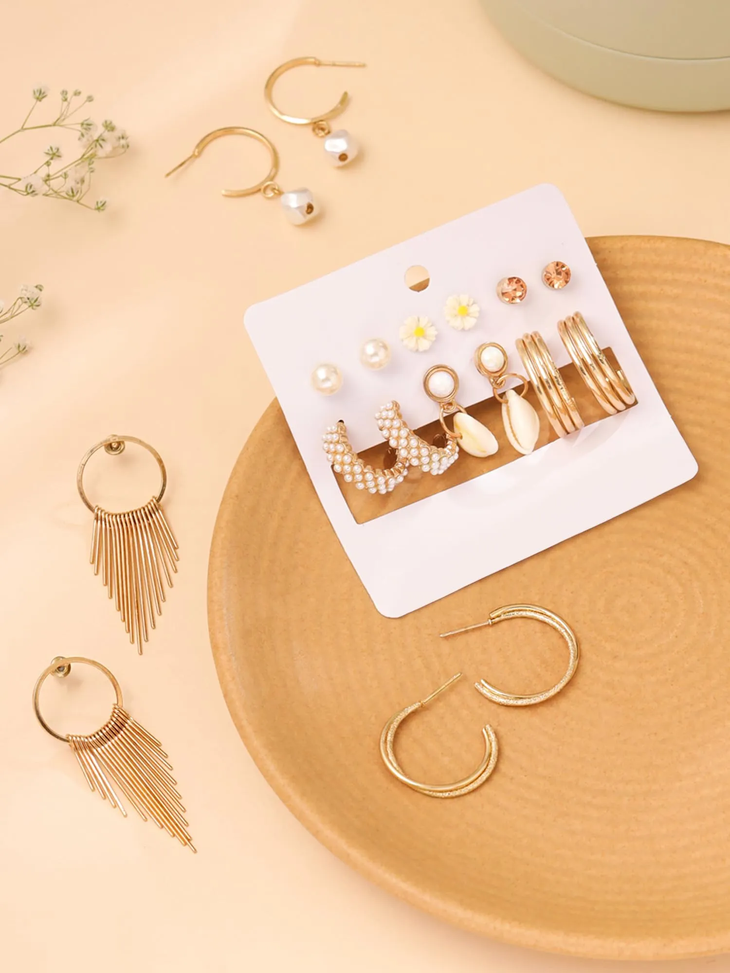 Yellow Chimes Stud Earrings for Women | Fashion Gold Earrings for Girls Combo of 9 Pairs Stud Hoop Earrings Set | Big Hoops Set Women Earrings | Birthday Gift For Girls Anniversary Gift for Wife